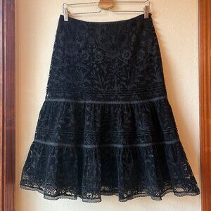 Express Black Velvet Burnout Floral Patter Midi Skirt Tiered Midi Size M Boho